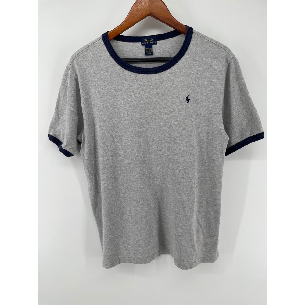 Polo Ralph Lauren Ringer Tee Boys XL 18-20 Grey Navy Pony Mens Small T-Shirt